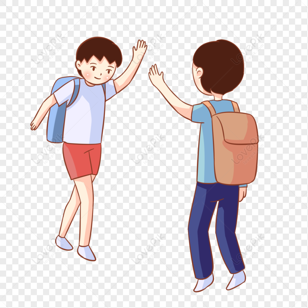 Two cartoon schoolboys giving a high-five while walking, both wearing backpacks and smiling.