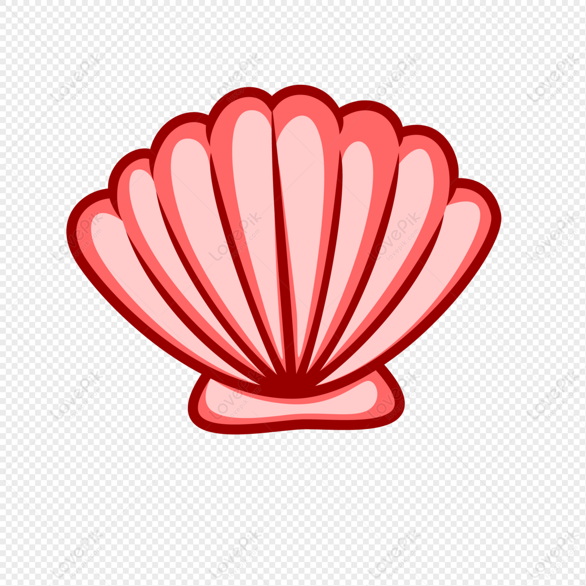 Pink cartoon-style seashell with red outlines on transparent background