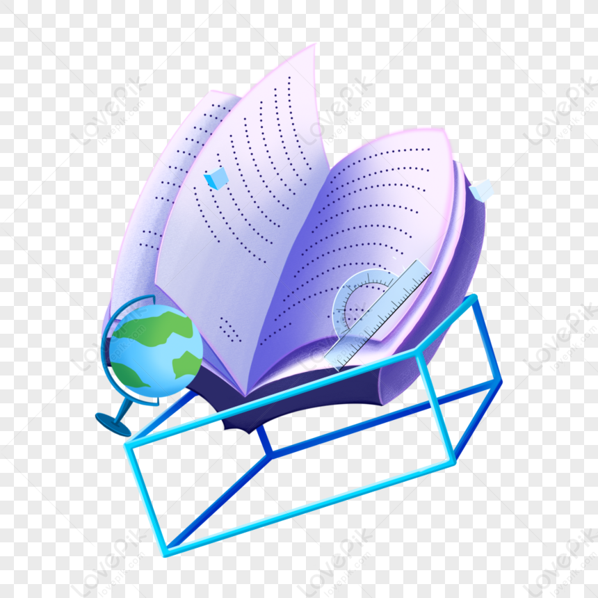 Open purple book with globe, ruler, and protractor on a blue wireframe stand-symbolizing global education and STEM learning.