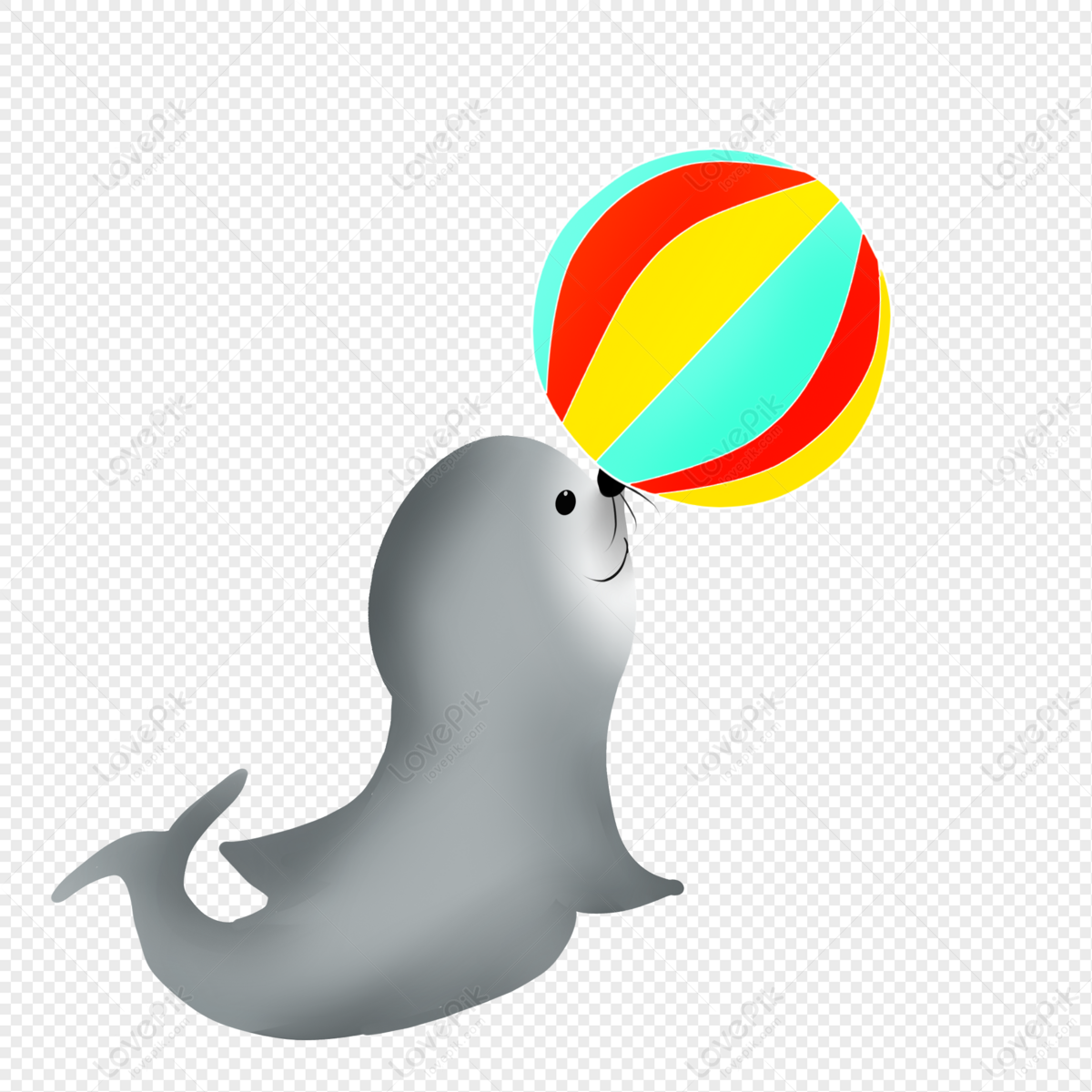 Gray seal balancing a colorful striped beach ball on its nose against transparent background.