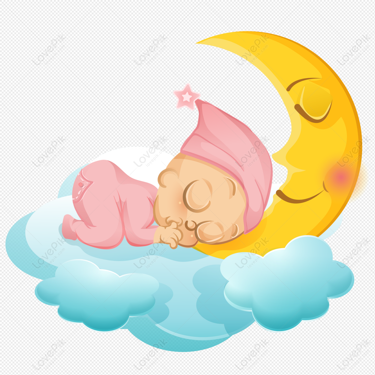 A baby in pink pajamas and cap sleeps peacefully on a smiling crescent moon, nestled among soft clouds with a star above.
