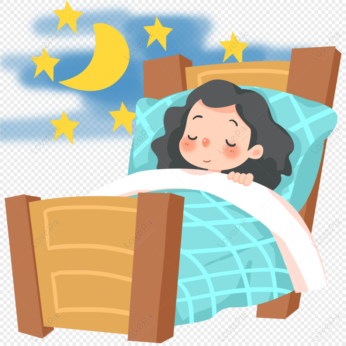 A smiling girl with dark hair sleeps peacefully in a wooden bed under a blue checkered blanket, with a crescent moon and stars above.