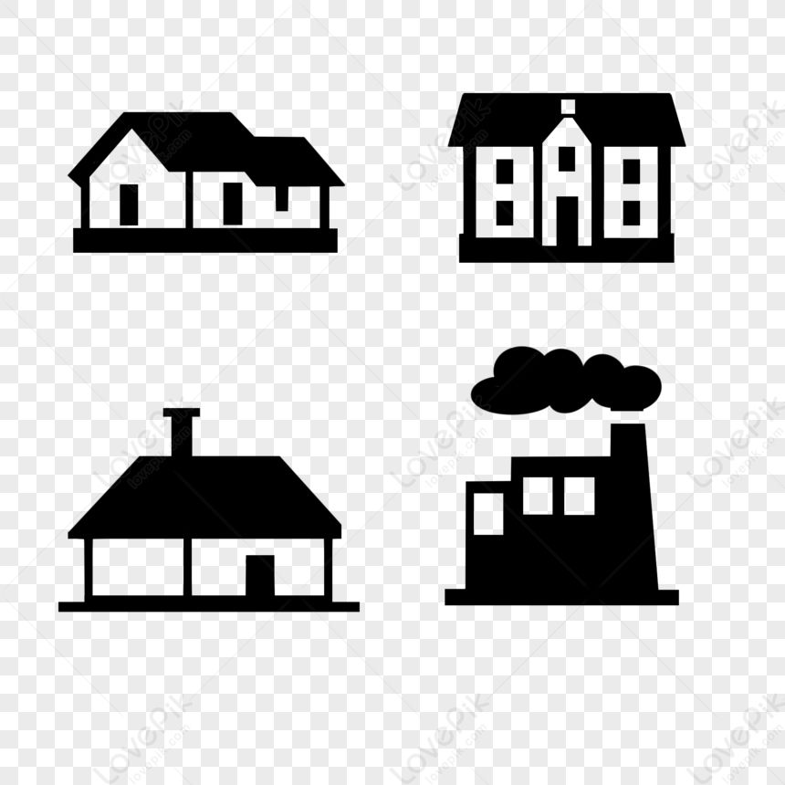 Four black-and-white vector icons: two houses, a multi-story building, and a factory with smokestack.