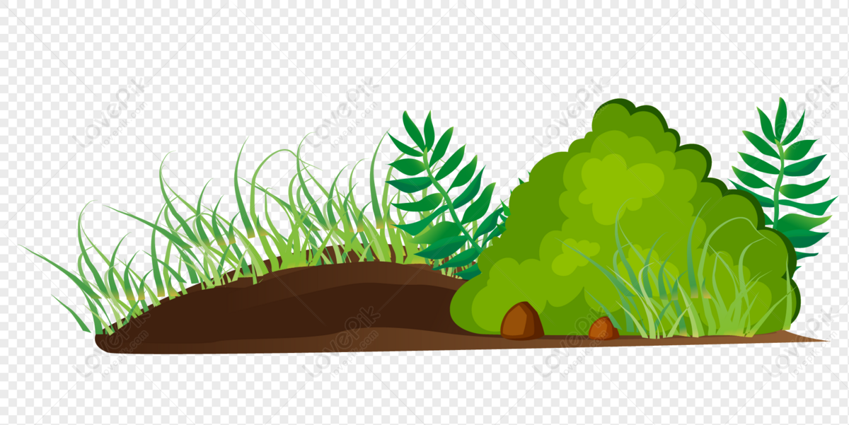 A cartoon-style illustration of a small earth mound with green grass, leafy plants, and a bush, featuring two small brown rocks at the base.