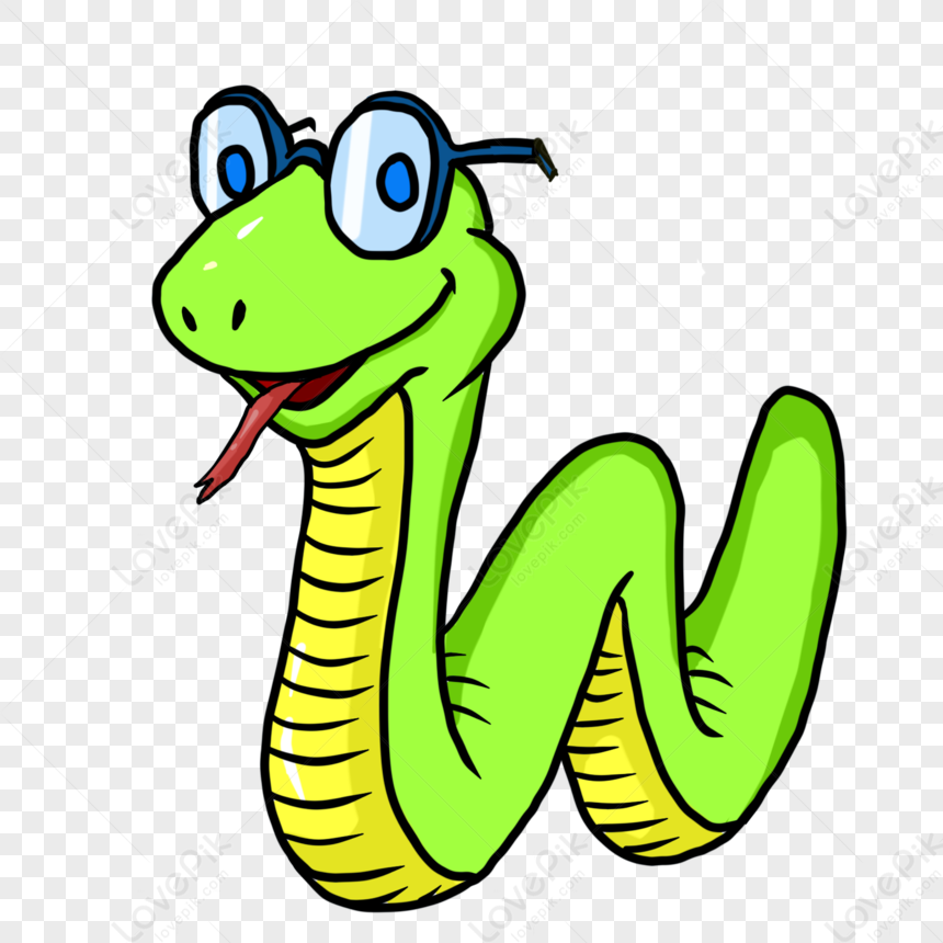 Friendly green cartoon snake wearing blue glasses with a smiling face and flicking tongue.