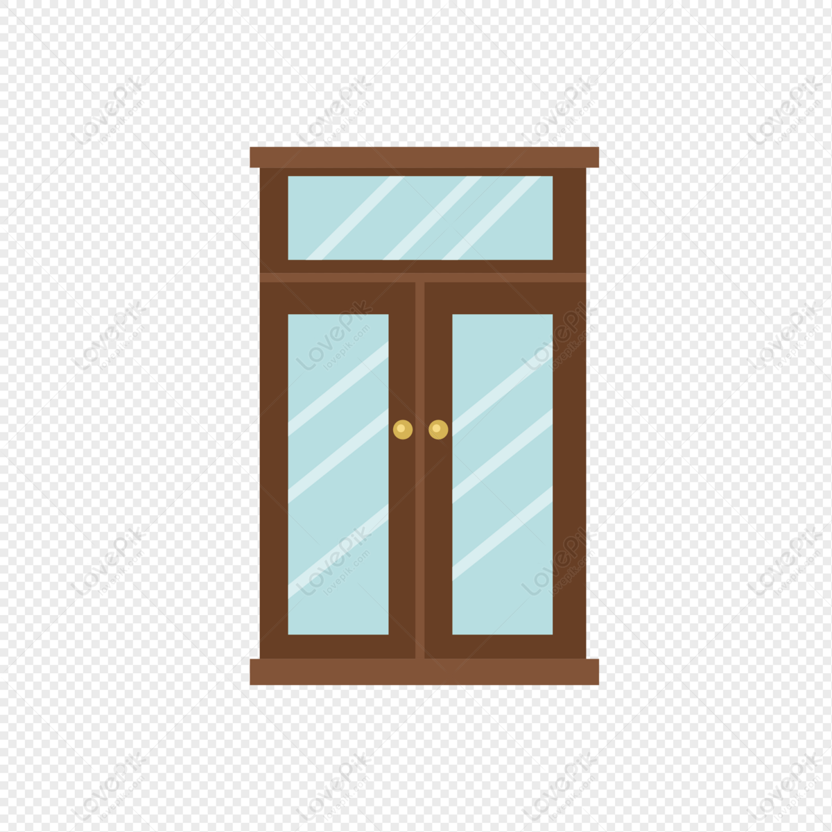 Brown wooden double-door cabinet with glass panels and gold knobs, flat vector illustration on transparent background.