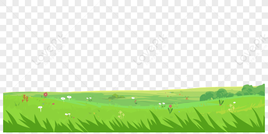 Vibrant cartoon-style green meadow with wildflowers, rolling hills, and transparent background for overlay use.