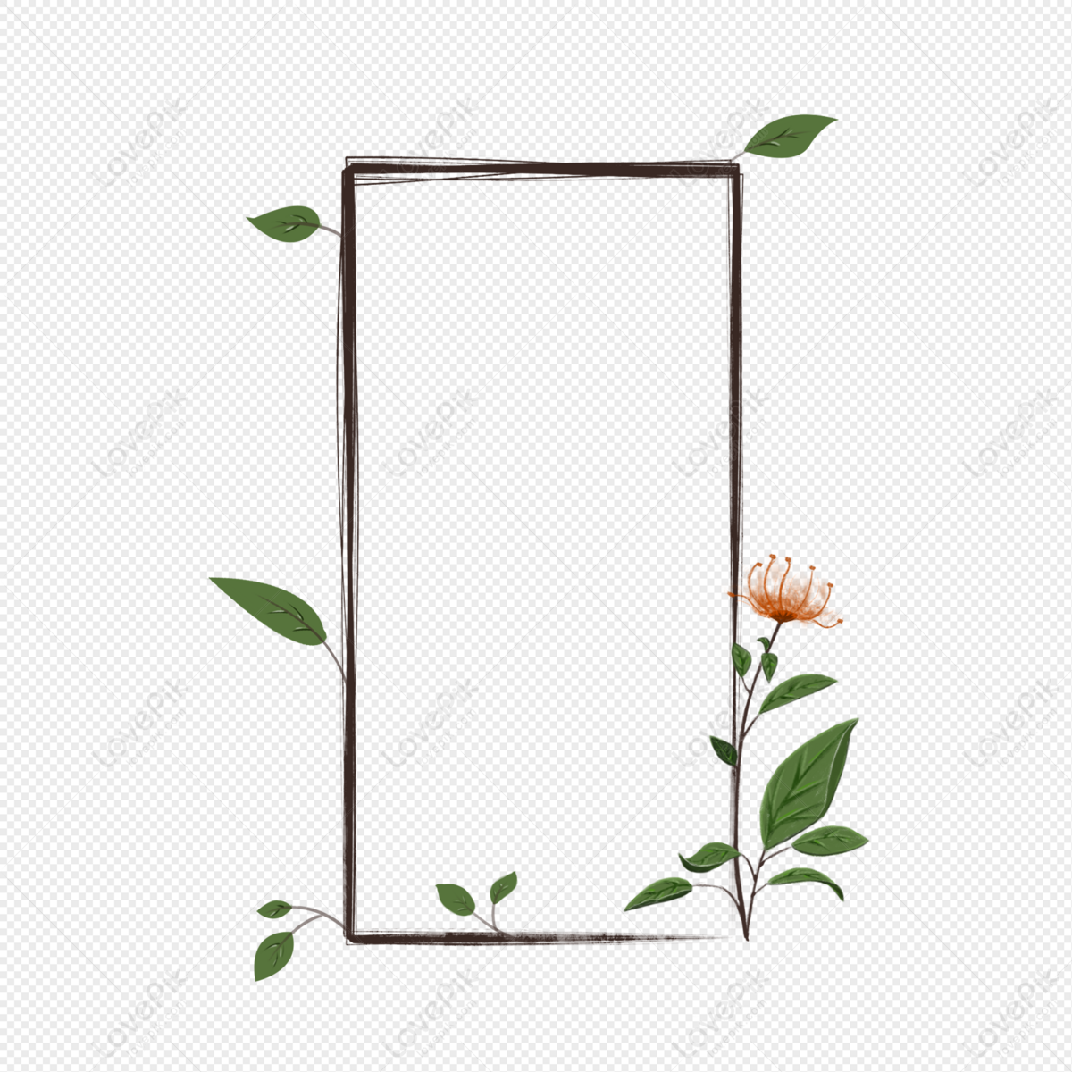 Hand-drawn rectangular frame with green leaves and an orange flower, on transparent background.