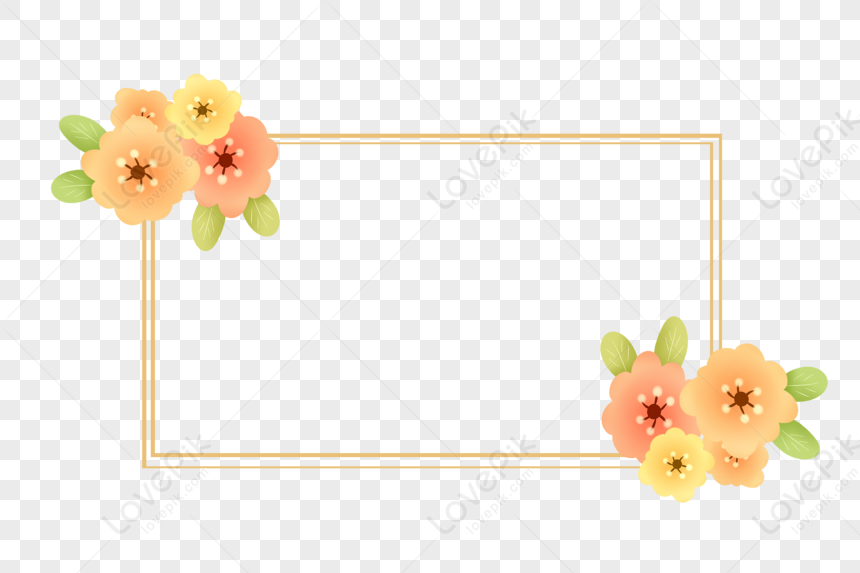 Gold rectangular frame with peach and yellow floral clusters in top-left and bottom-right corners on transparent background.