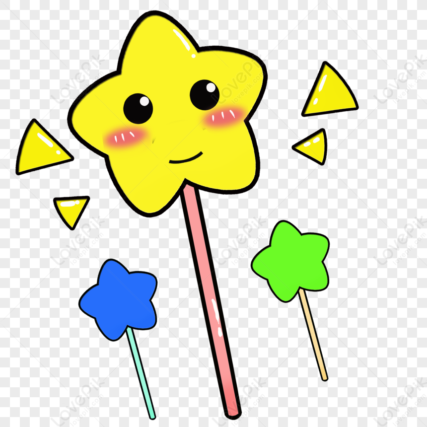 Cute cartoon star-shaped lollipop with smiling face, blush, and colorful star candies on sticks against transparent background.