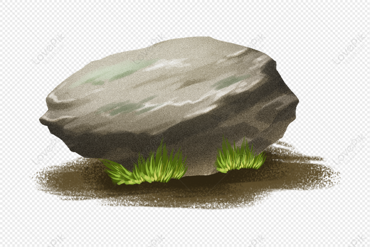 A large gray rock with green moss patches and tufts of grass growing at its base, casting a soft shadow on transparent background.