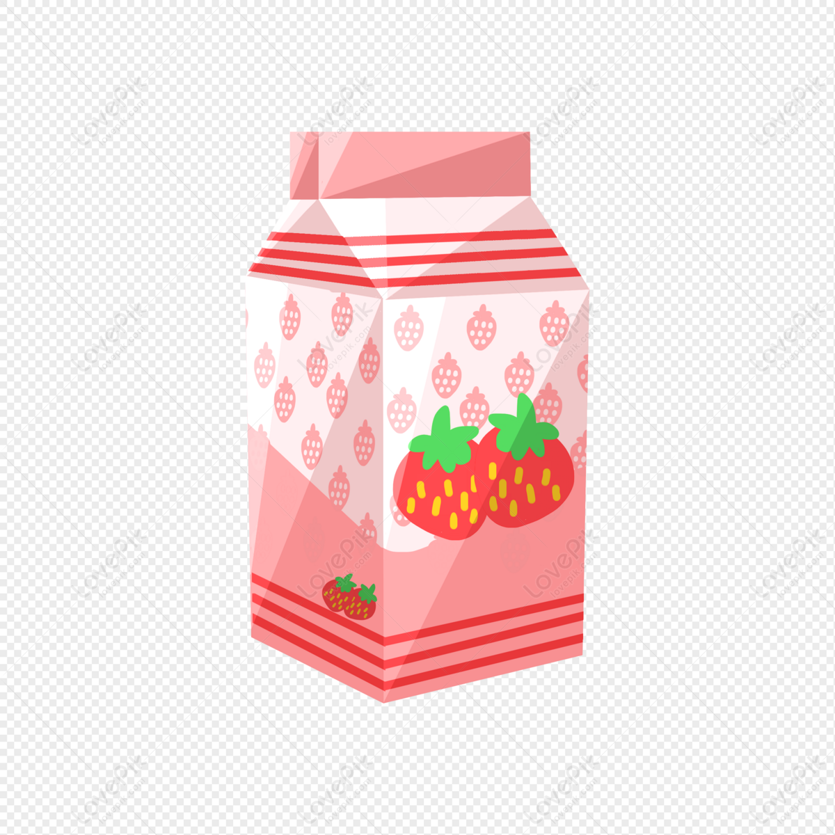 Pink strawberry-flavored milk carton with illustrated strawberries and red stripes on a transparent background.