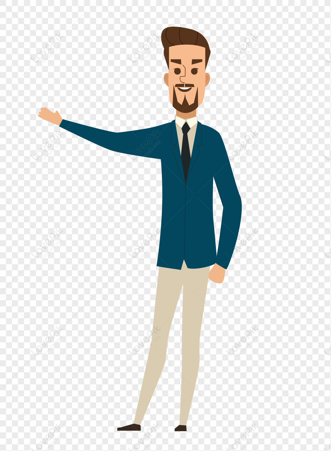 Smiling businessman in navy blazer and beige pants gesturing with open hand, cartoon vector illustration on transparent background.