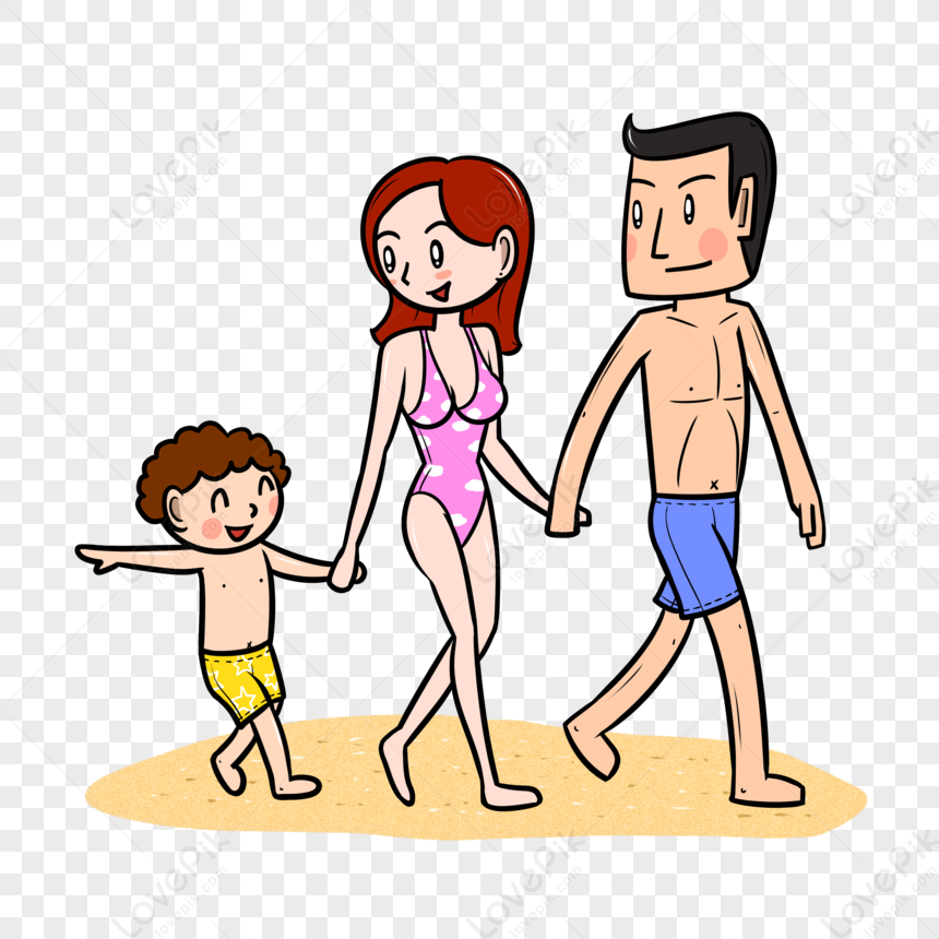 Happy family of three walking on the beach-child, mother in pink swimsuit, father in blue trunks-holding hands and smiling.