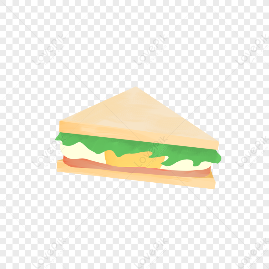 A triangular sandwich with lettuce, cheese, tomato, and egg on white bread, illustrated in soft watercolor style.
