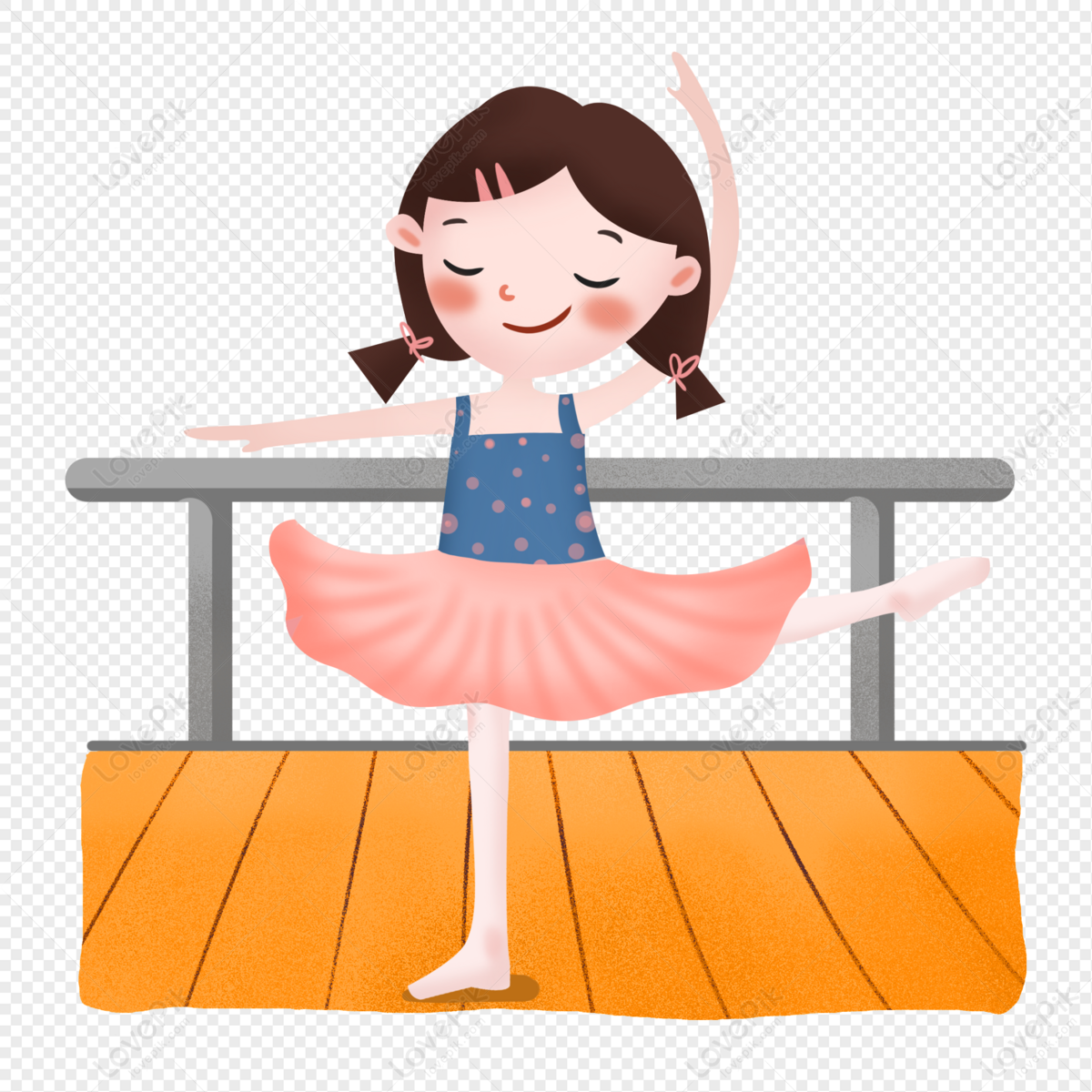 A smiling cartoon girl in a blue polka-dot leotard and pink tutu practices ballet at a barre on wooden floor.