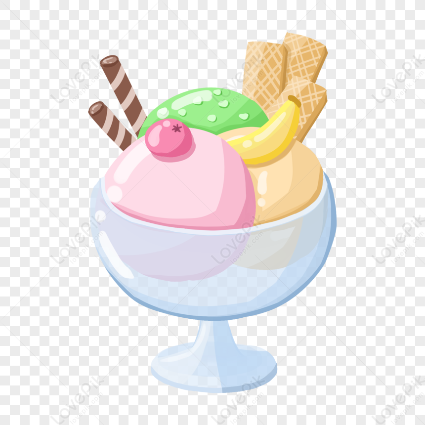 Colorful ice cream sundae in a glass bowl with pink and green scoops, banana slice, cherry, wafer sticks, and waffle cones.