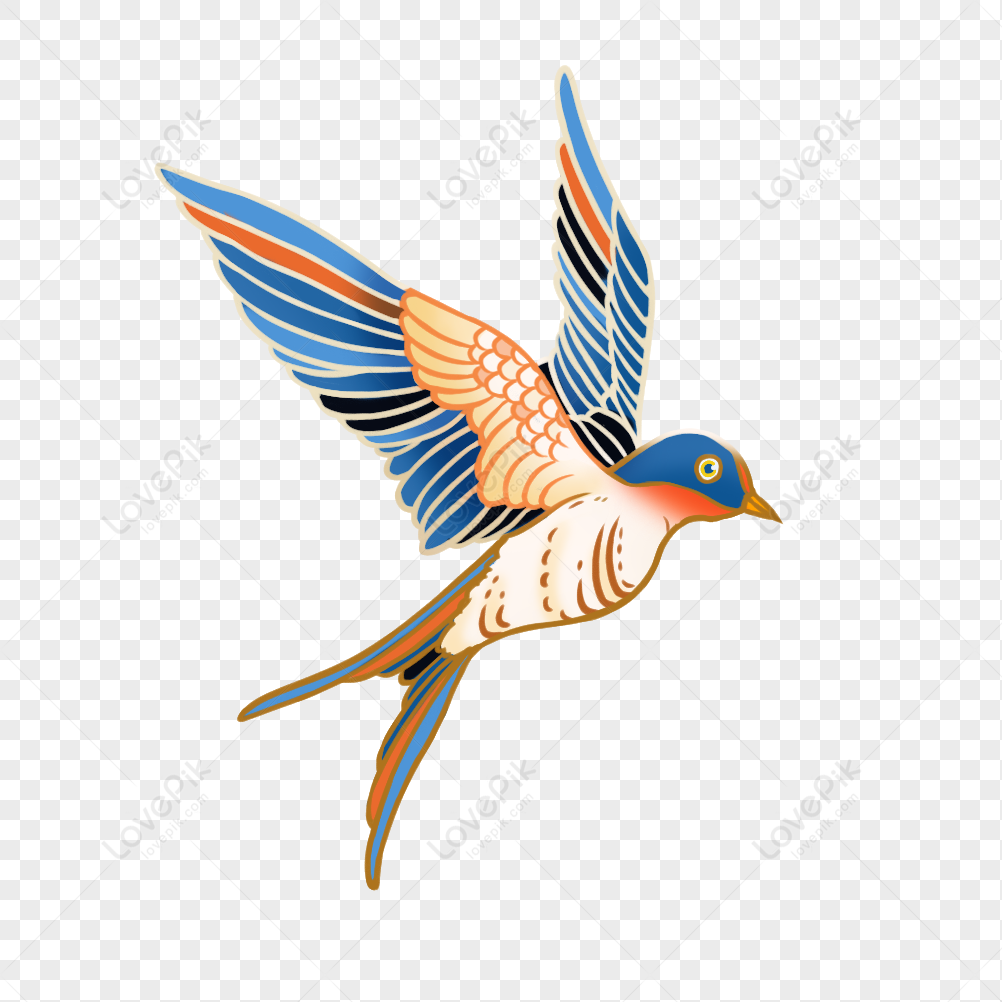Stylized flying bird with blue, orange, and white plumage in traditional decorative art style.