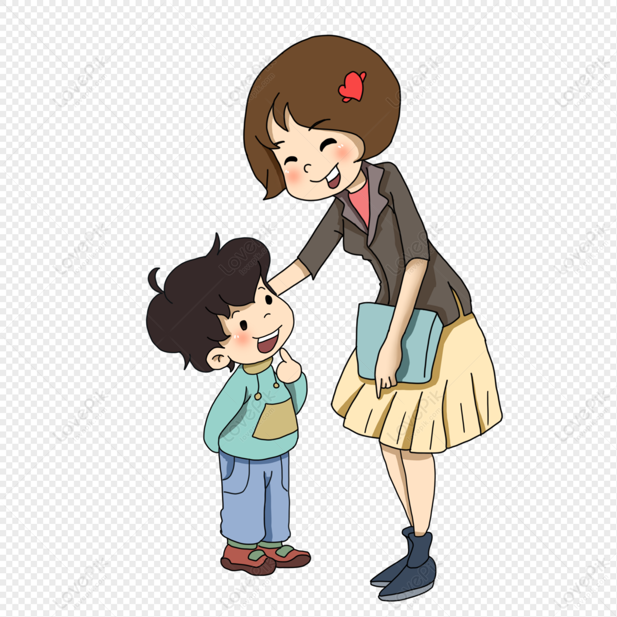 A smiling woman with a heart hair clip gently pats a happy child's head; both wear cheerful expressions in a warm, cartoon-style illustration.