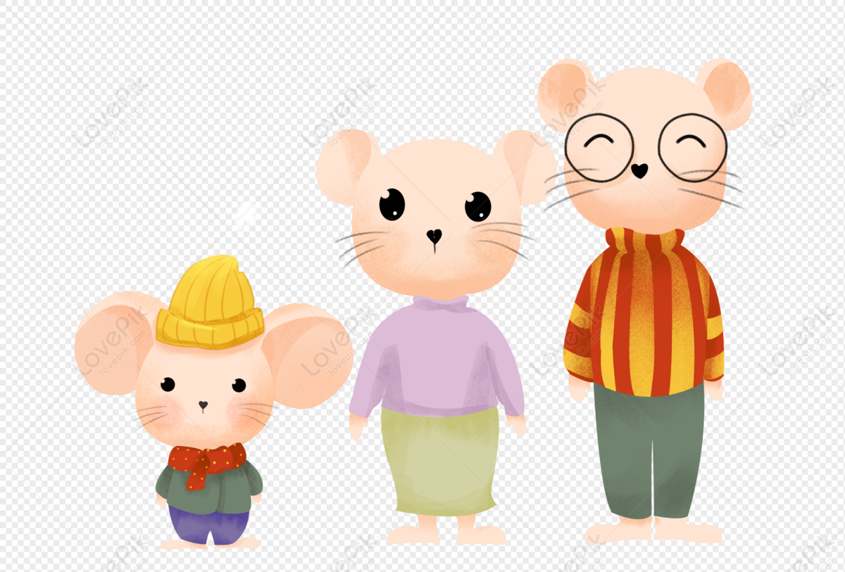 A cute cartoon mouse family of three: child in yellow hat and scarf, mother in purple top and green skirt, father in striped sweater and glasses.