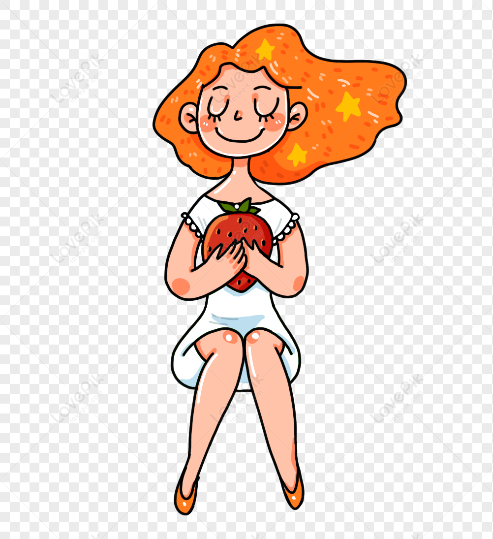Cheerful cartoon woman with orange starry hair holding a large strawberry, smiling with closed eyes.