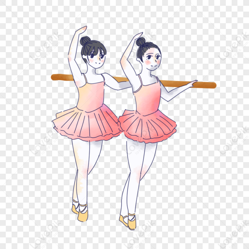 Two young ballerinas in pink tutus practicing at a ballet barre, illustrated in soft watercolor style.