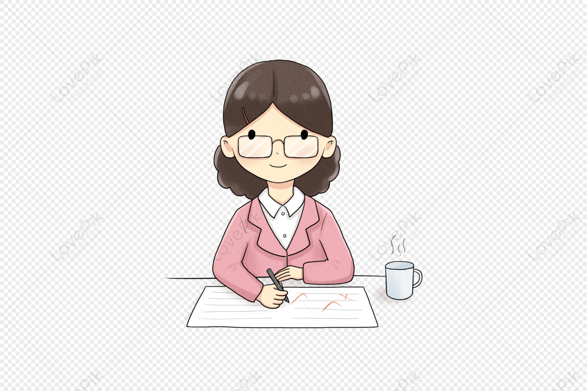A smiling woman with glasses, wearing a pink blazer, writes on paper at a desk beside a steaming mug.