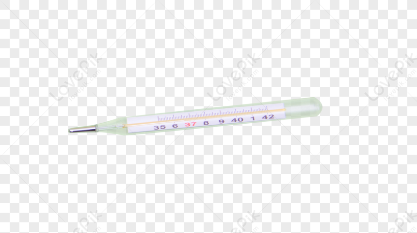 Glass clinical thermometer showing temperature scale from 35°C to 42°C with mercury column at 37°C.