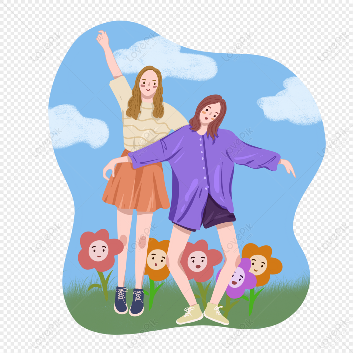 Two cheerful young women posing playfully in a sunny field with smiling flowers and blue sky.