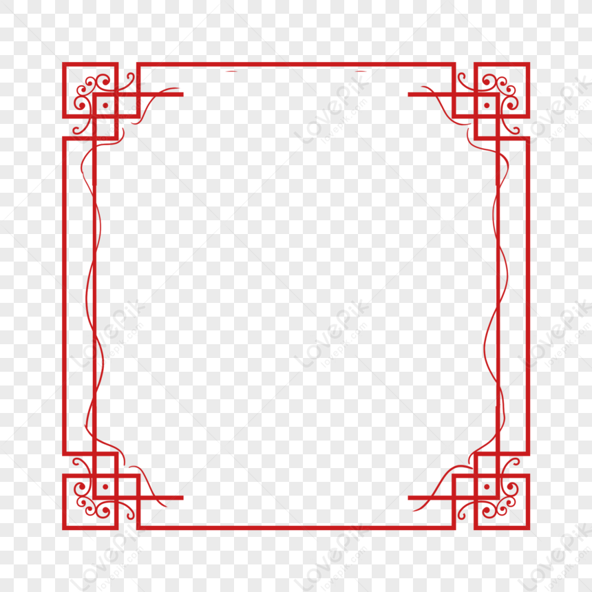 Red traditional Chinese-style ornamental border frame with intricate knot and scroll motifs on transparent background.
