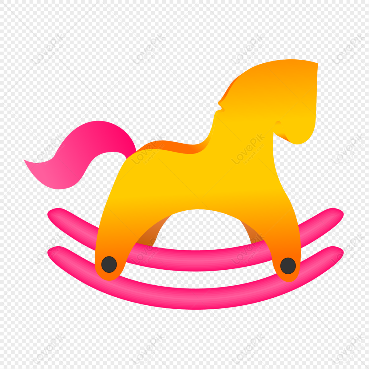Bright yellow and pink cartoon-style rocking horse toy on transparent background.