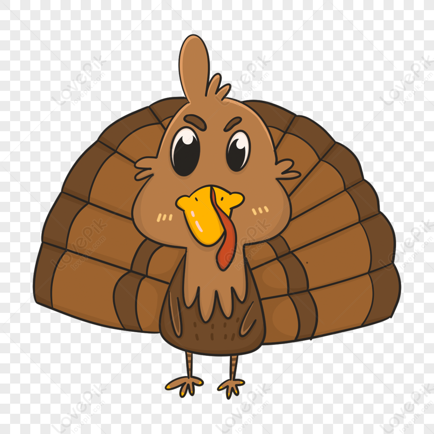 Cute cartoon turkey with large eyes, fanned tail feathers, and a yellow beak on transparent background.