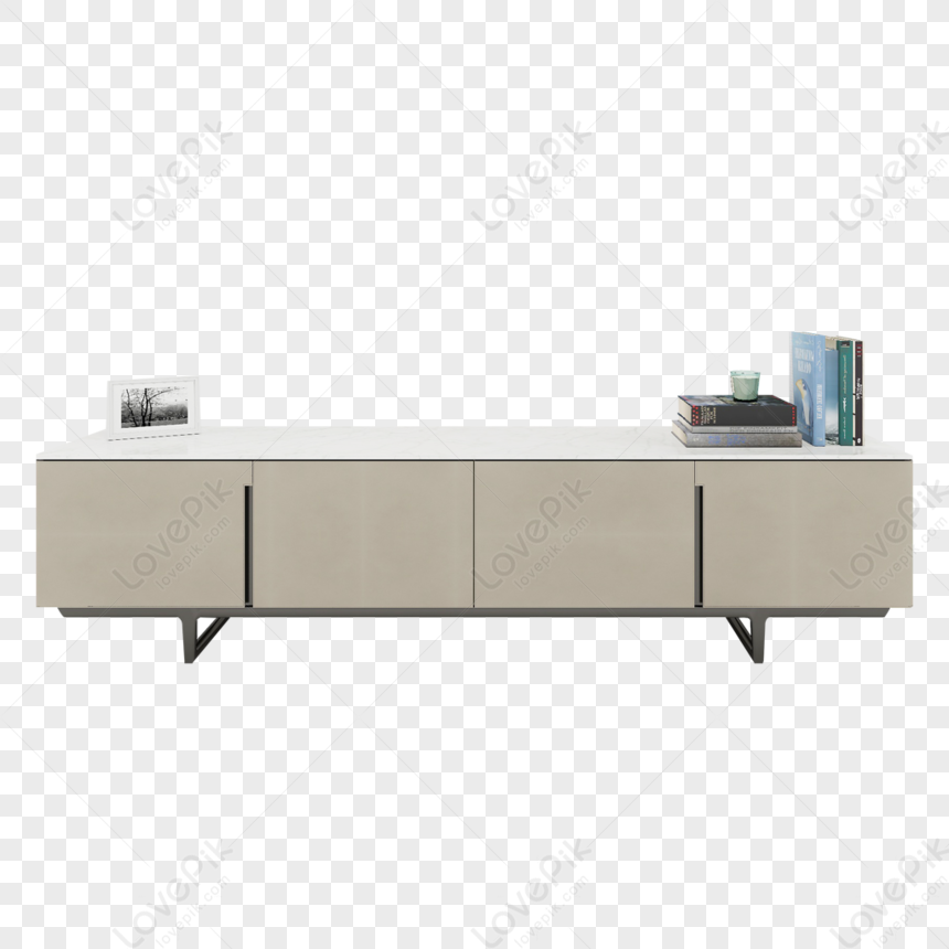 Modern minimalist TV console in beige with black metal legs, holding books, a photo frame, and a small vase.
