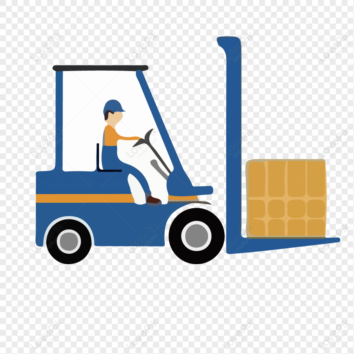 Blue forklift operated by a worker lifting a wooden pallet, flat vector illustration.