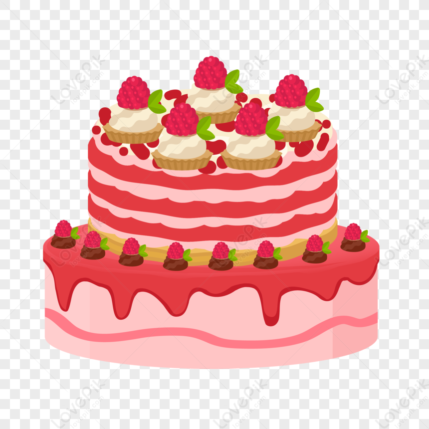 Two-tiered pink and red striped cake topped with raspberry cupcakes and fresh raspberries.