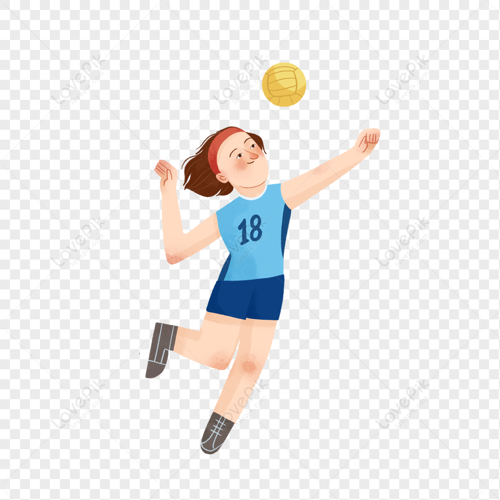 A cartoon female volleyball player in a blue jersey (number 18) jumps to spike a yellow volleyball mid-air.