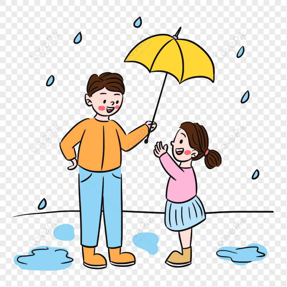 A smiling boy holding a yellow umbrella over a joyful girl in the rain, with puddles and falling raindrops around them.