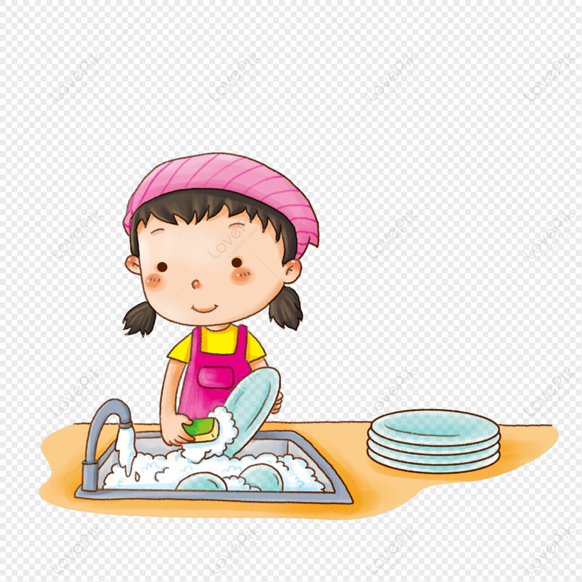 女儿在帮她年轻的妈妈洗碗插画图片素材_ID:400032375-Veer图库