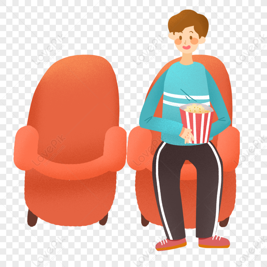 A smiling boy in a blue sweater sits on an orange armchair holding popcorn, with an empty matching chair beside him.