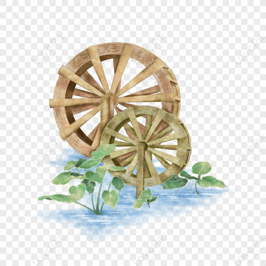 Watercolor illustration of two wooden water wheels partially submerged in blue water with green aquatic plants.