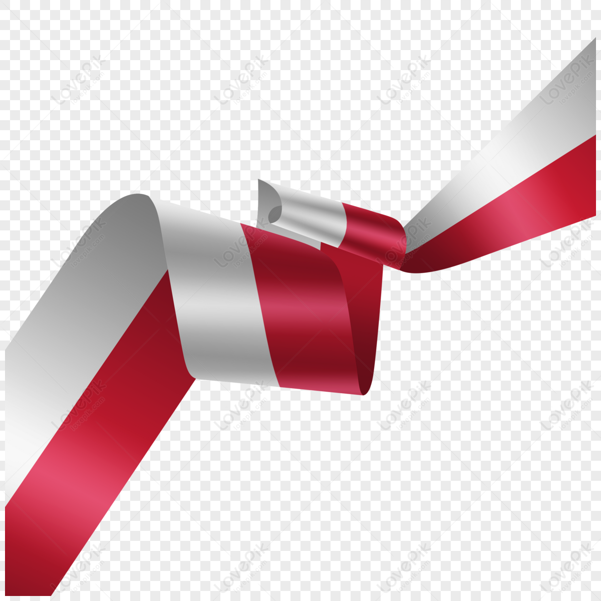 A flowing red-and-white ribbon, representing the flag of Indonesia, rendered in glossy 3D style on transparent background.
