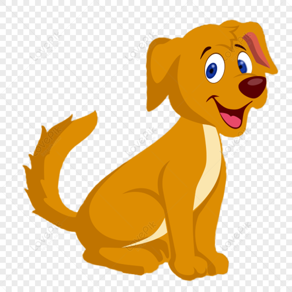 Cheerful cartoon golden puppy sitting with wagging tail and bright blue eyes, smiling happily.