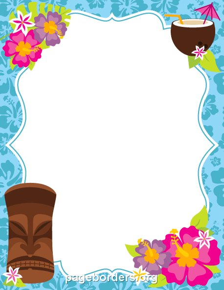 Tropical-themed decorative border with hibiscus flowers, tiki mask, and coconut drink on blue floral background.
