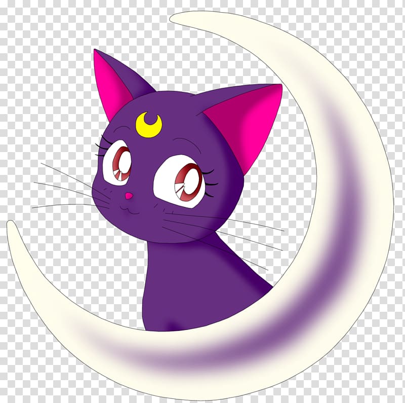 Purple anime cat with pink ears and crescent moon symbol, peeking from a glowing white crescent moon.