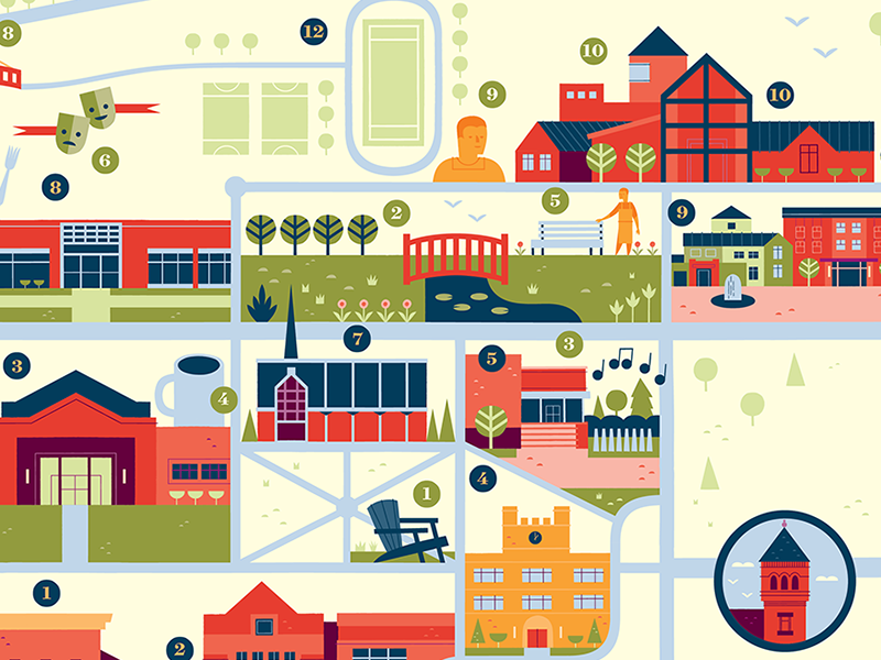 Illustrated map of a vibrant town with numbered landmarks including parks, buildings, bridges, and cultural sites.