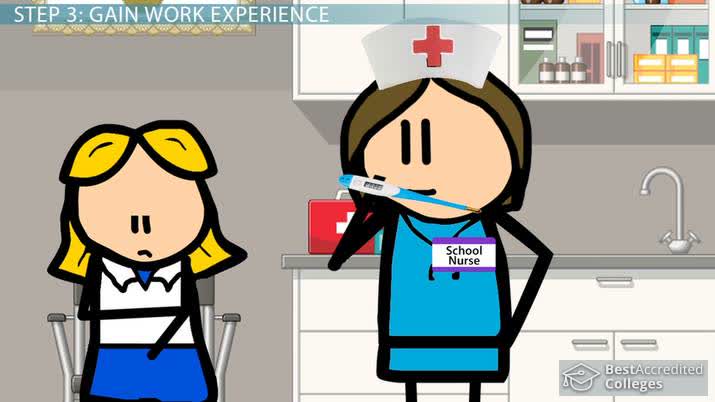 A cartoon school nurse holding a thermometer talks to a concerned student in a clinic setting.