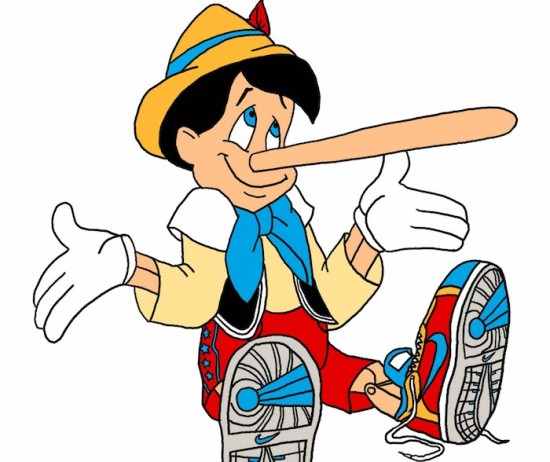 Pinocchio with long nose, wearing yellow hat, blue scarf, red shorts, and sneakers, gesturing with open hands.