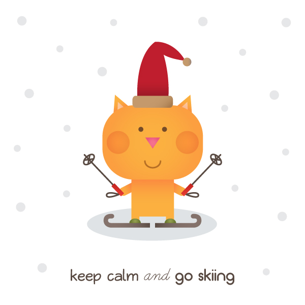 Cheerful orange cat in a red Santa hat skiing with poles, snowflakes falling around.