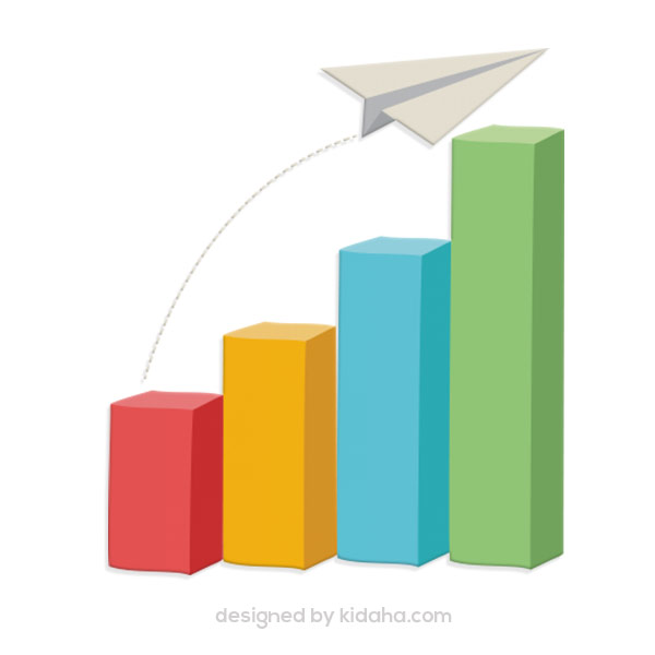 Paper airplane soaring over ascending colorful bar chart, symbolizing growth and progress.