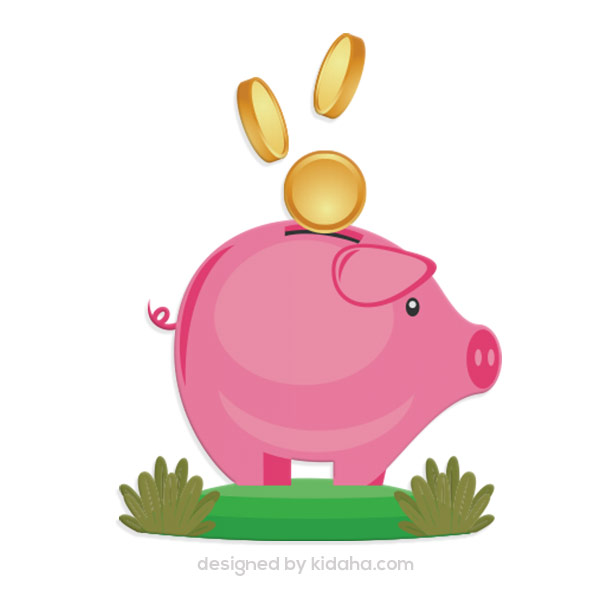 Pink piggy bank with gold coins dropping into its slot, standing on grass.
